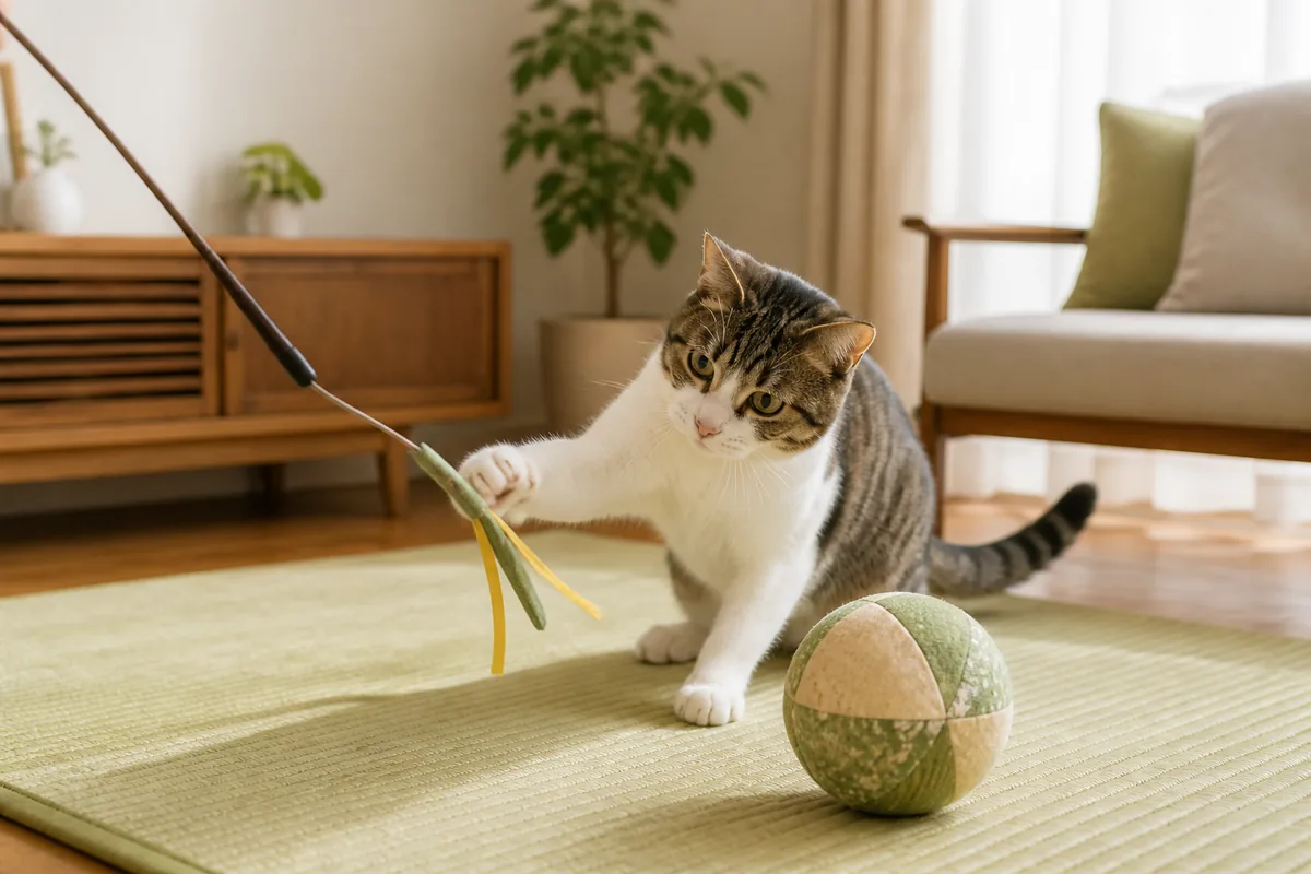 猫用おもちゃで遊ぶ猫