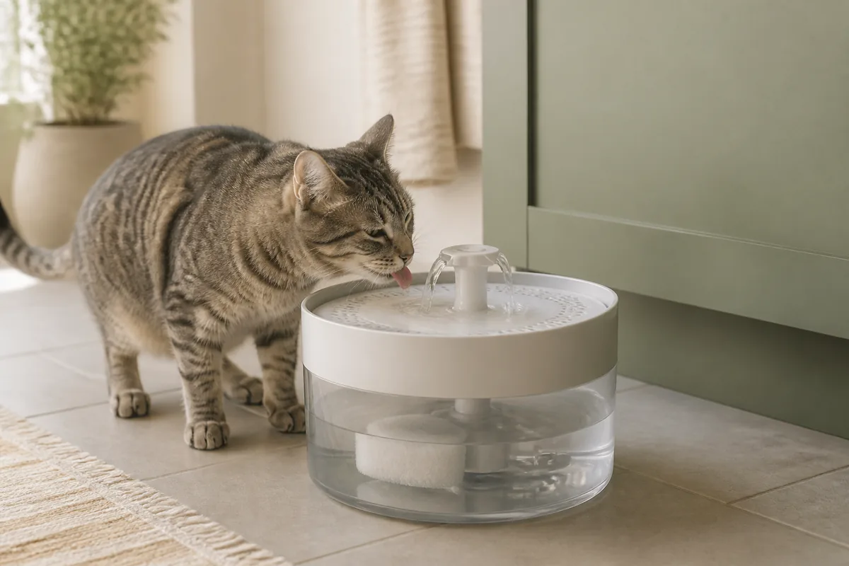 猫用給水器から水を飲む猫