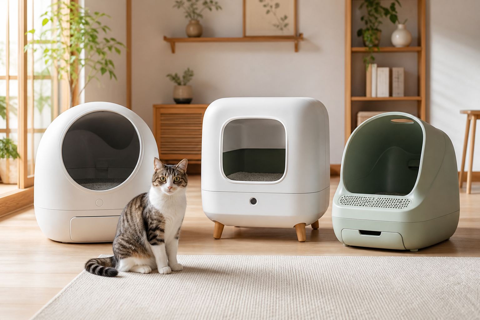 猫と複数タイプの自動猫トイレをイメージした比較用ビジュアル