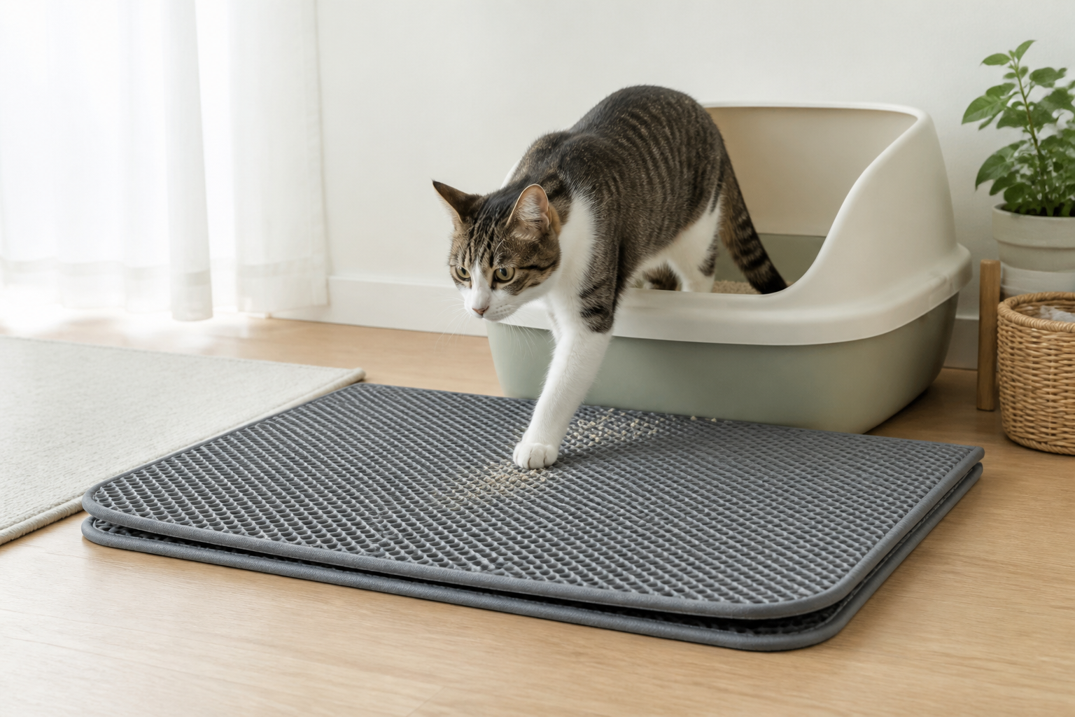猫砂マットへ落ちた砂と猫トイレから出る猫