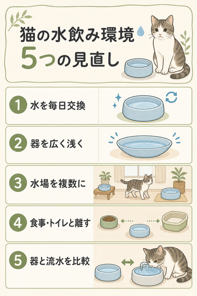 猫の水飲み環境で見直す水交換・器・水場・配置・流水の5項目