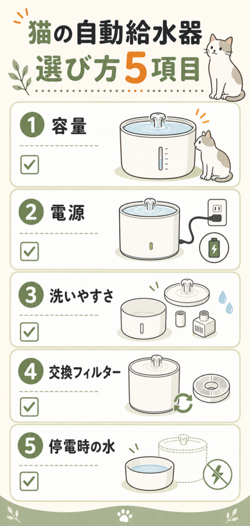 猫用自動給水器を選ぶ5つの確認ポイント