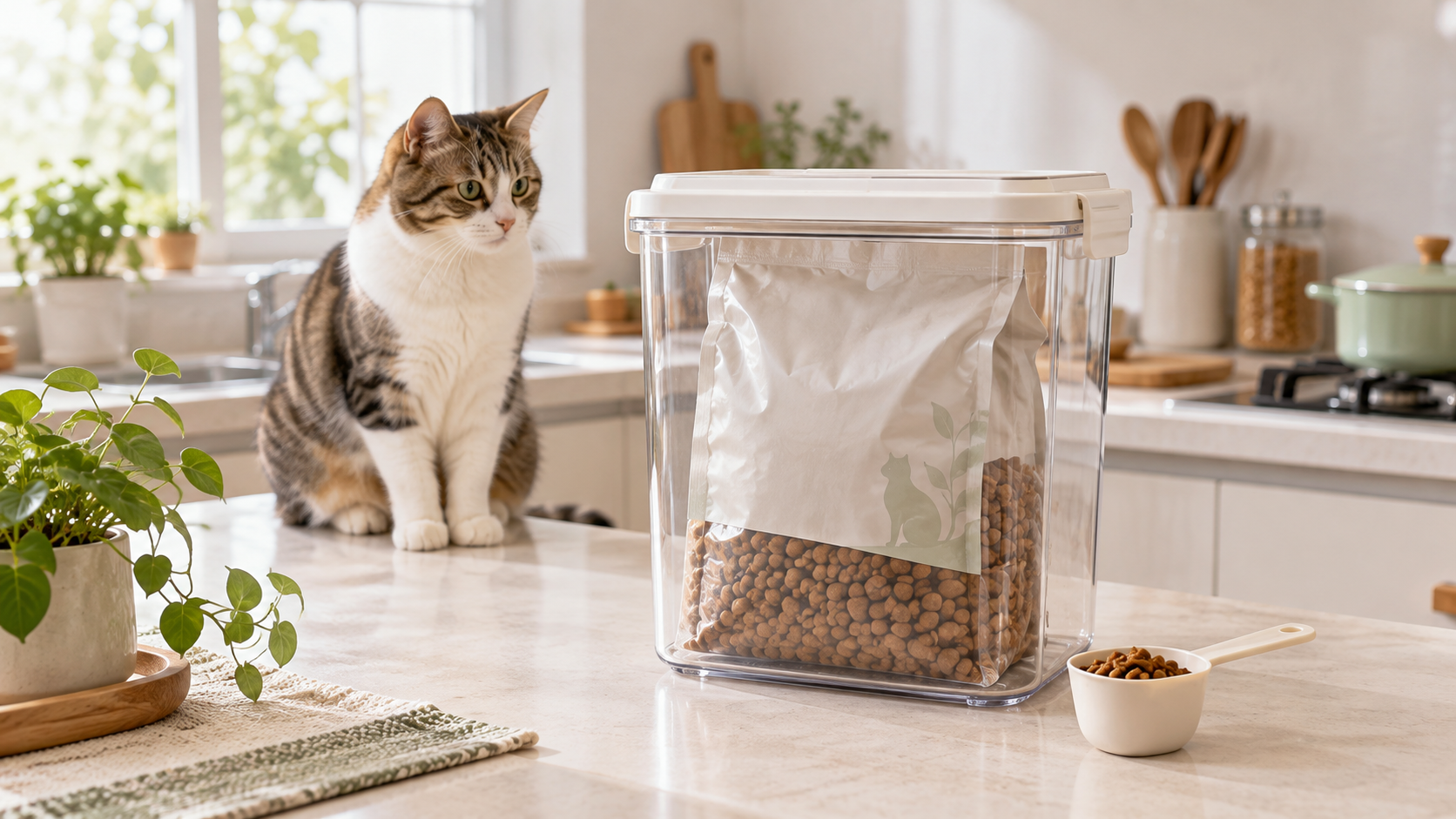 袋に入れたまま密閉保存容器に収めたキャットフードと計量スコップ